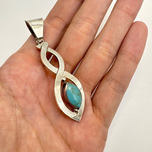 VTG Sterling Silver 925 Turquoise Marquise Interwoven Pendant Size 2.5" Length - Picture 2 of 10